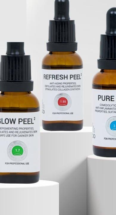 CLINICCARE professional chemical peel bottles, the glycolic, mandelic, azelaic and lactic acid blends matched to the skin.